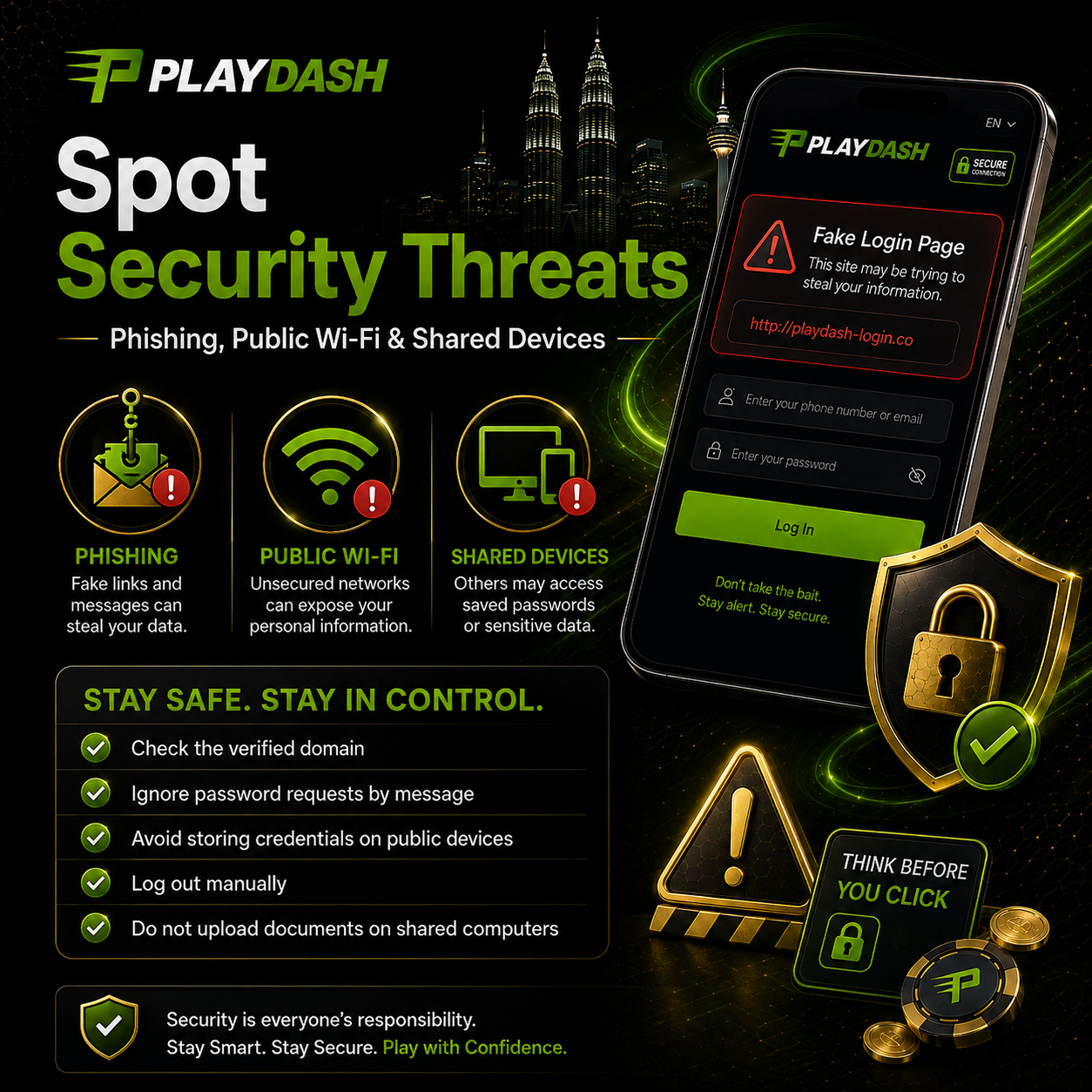 PlayDash security guide highlighting phishing pages, fake login links, public Wi-Fi risks and shared-device threats.