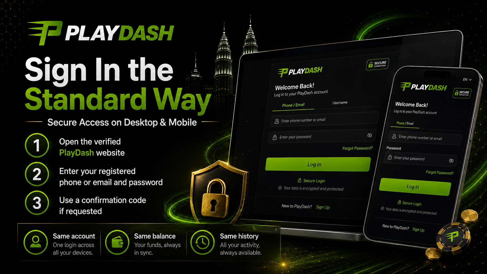 PlayDash login process on desktop and mobile using the same registered phone or email, password and account profile.