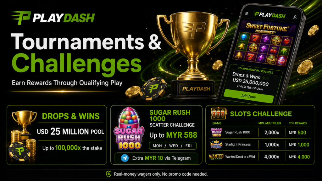 PlayDash tournament promotions featuring Drops and Wins, Sugar Rush 1000 Scatter Challenge and Slots Challenge rewards.