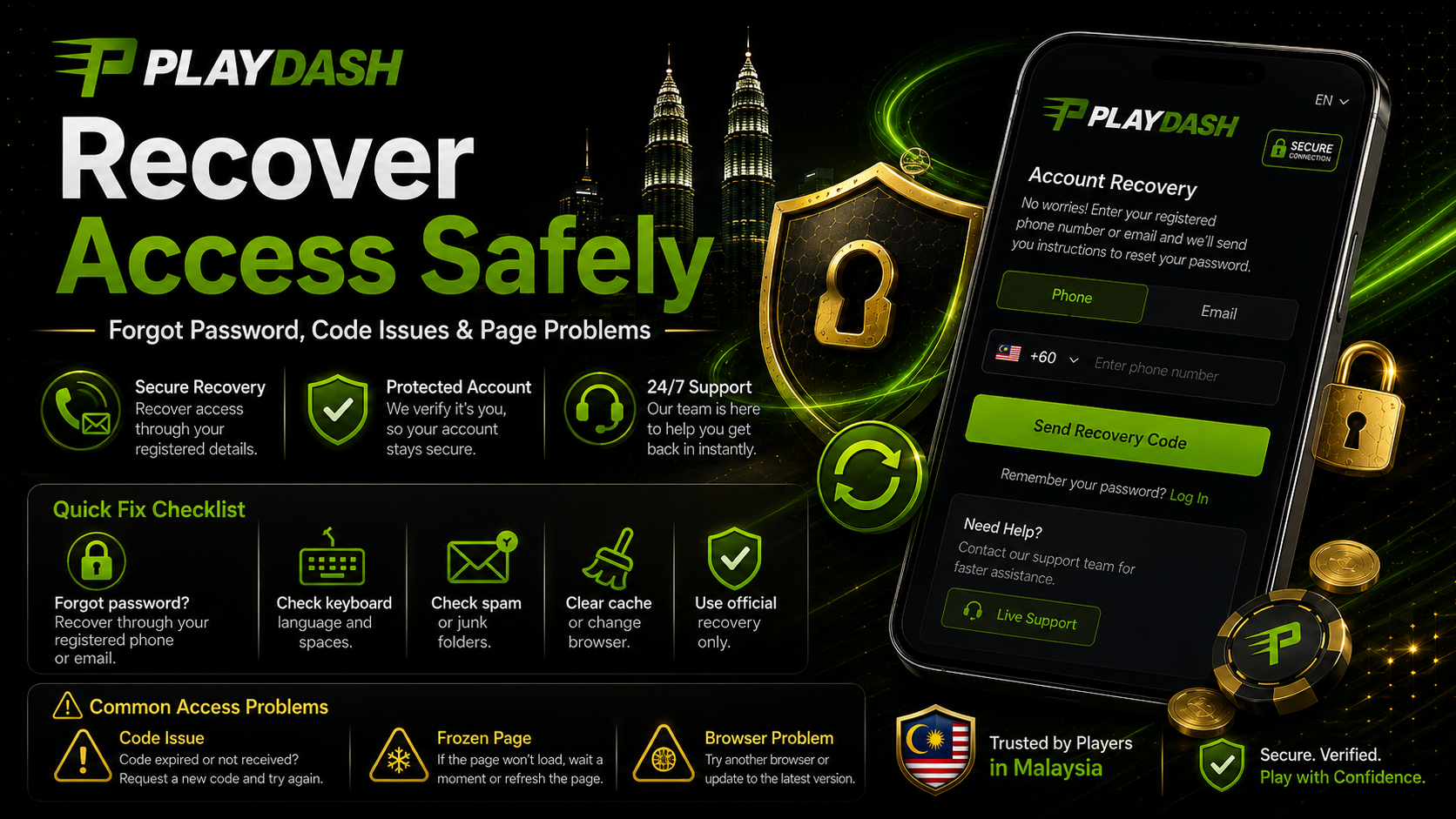 PlayDash account recovery interface for forgotten passwords, confirmation-code issues, browser problems and secure access restoration.