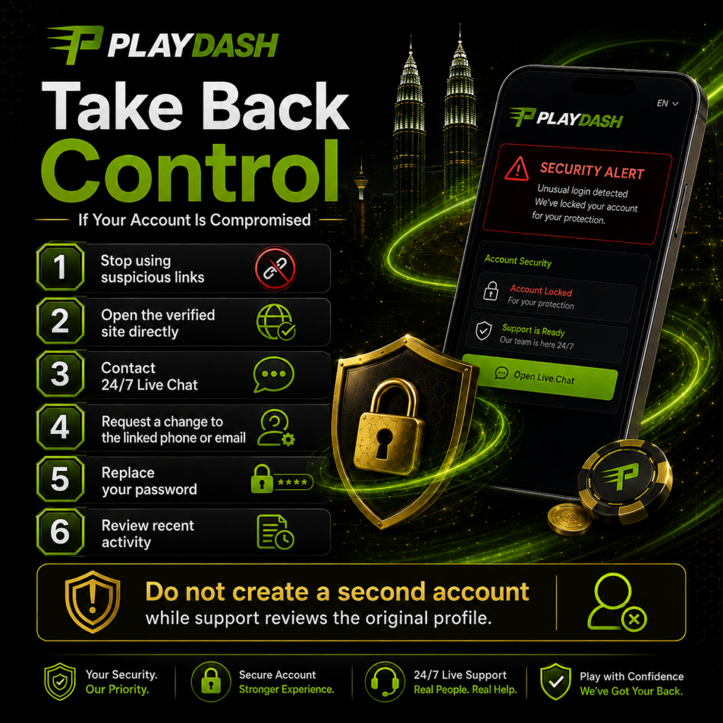 PlayDash compromised-account recovery steps including password replacement, official support contact and recent activity review.
