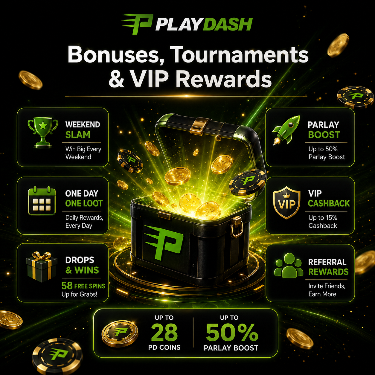 PlayDash promotions covering Weekend Slam, daily rewards, Drops & Wins, Parlay Boost, VIP cashback and referral rewards.