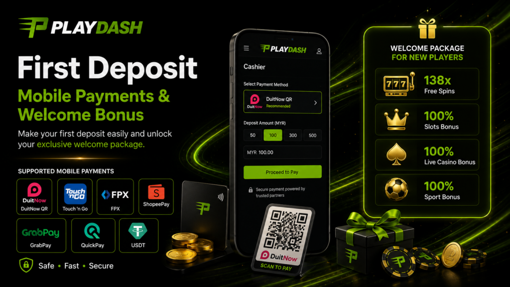 PlayDash mobile cashier with Malaysian payment methods and welcome bonus options for a first deposit.