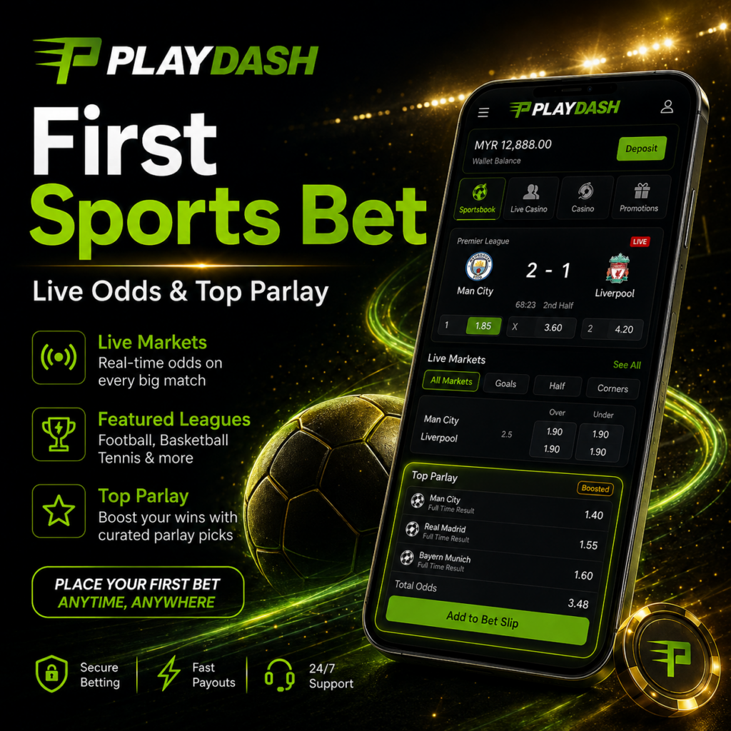 PlayDash mobile sportsbook showing live odds, featured leagues, betting markets and Top Parlay access.