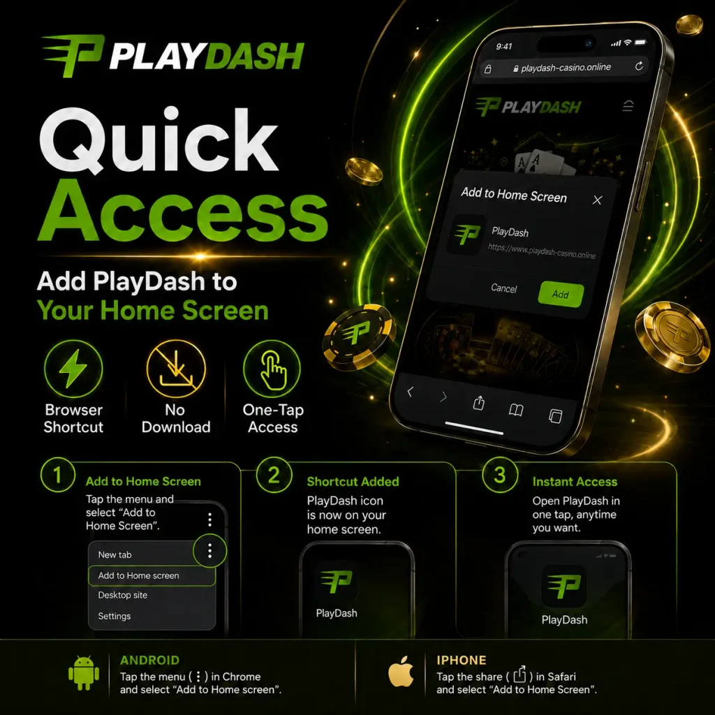 PlayDash home-screen shortcut setup on Android and iPhone