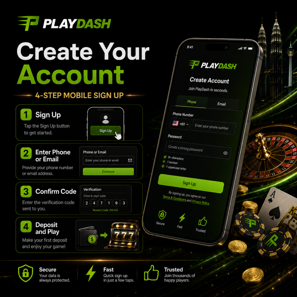 PlayDash mobile sign-up process showing account creation, phone or email confirmation and first-session account setup.
