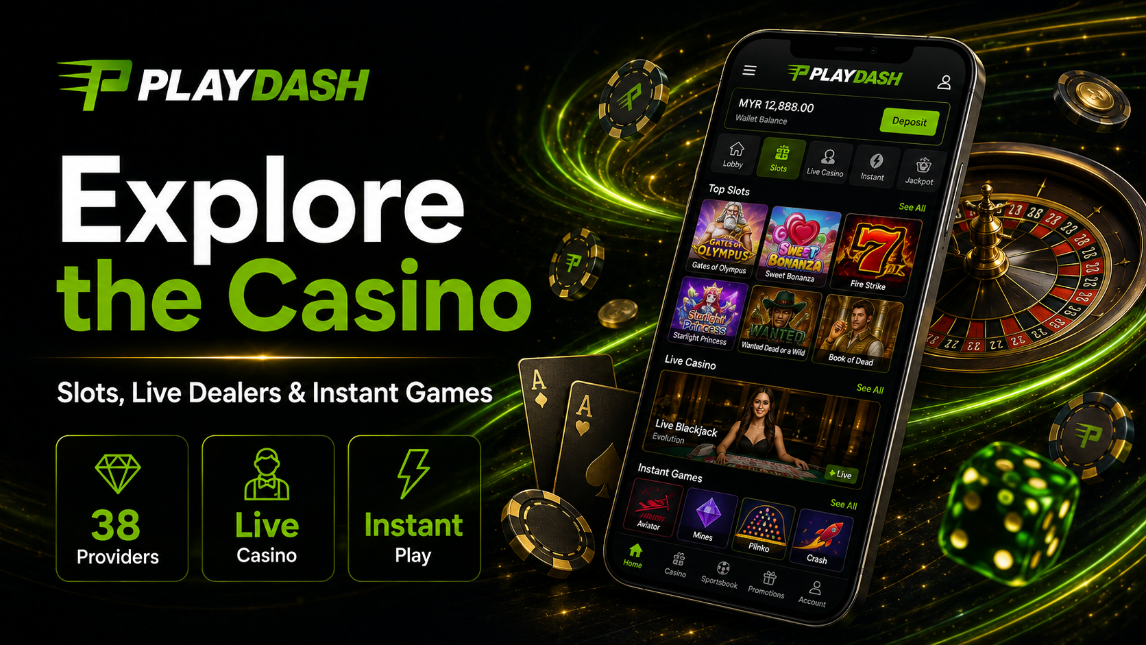 PlayDash casino catalogue on mobile with slots, live dealer tables and instant games available through the browser.