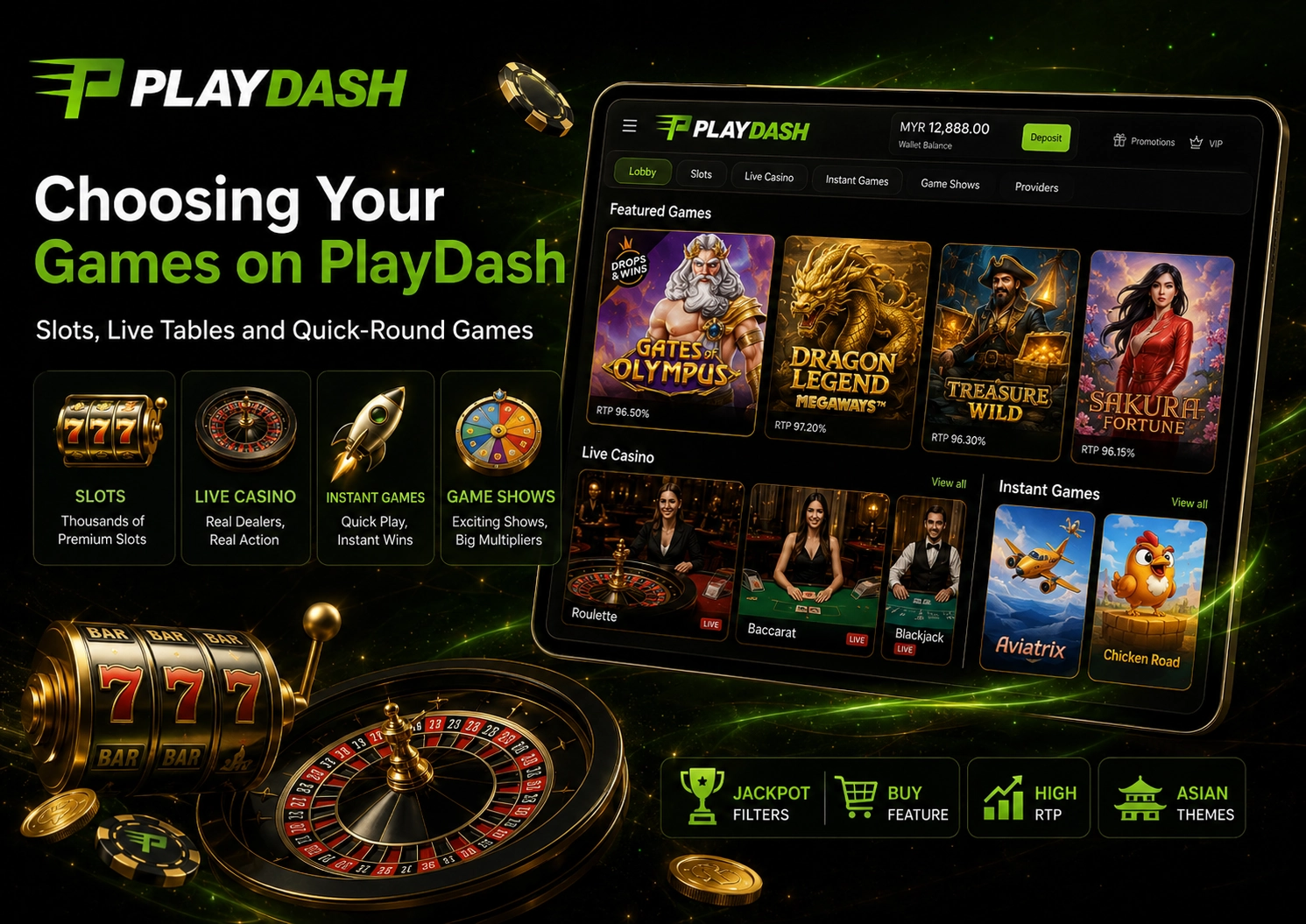 PlayDash gaming lobby featuring slots, live casino tables, instant games and filters for different casino game categories.