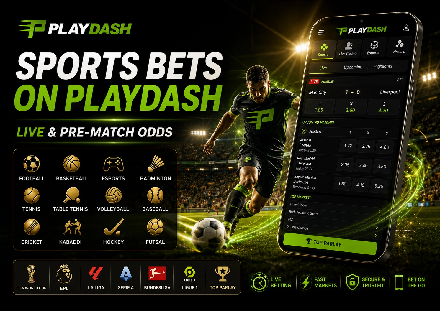 PlayDash sportsbook with football, basketball, esports and other sports, including pre-match and in-play betting markets.
