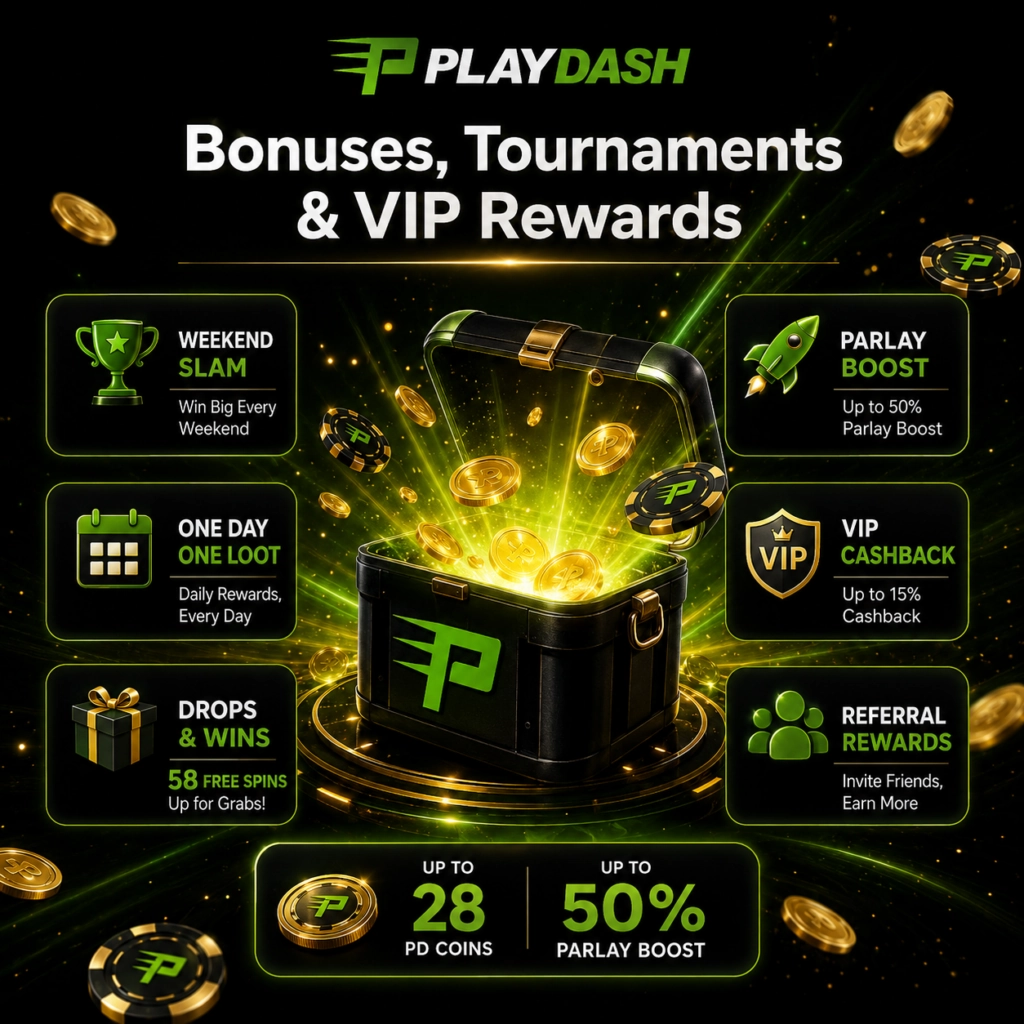 PlayDash promotions covering Weekend Slam, daily rewards, Drops & Wins, Parlay Boost, VIP cashback and referral rewards.